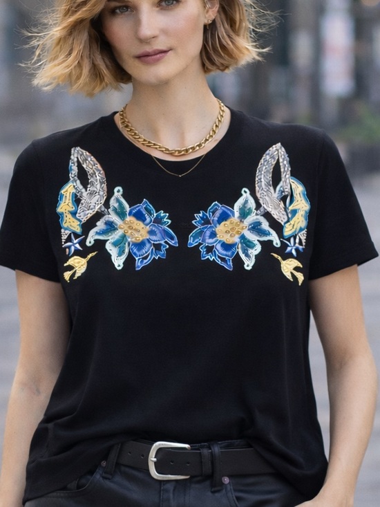 Maje Tops - Maje Embroidered Floral Embellished Black Cotton T-Shirt Size 1 (XS/S) Designer